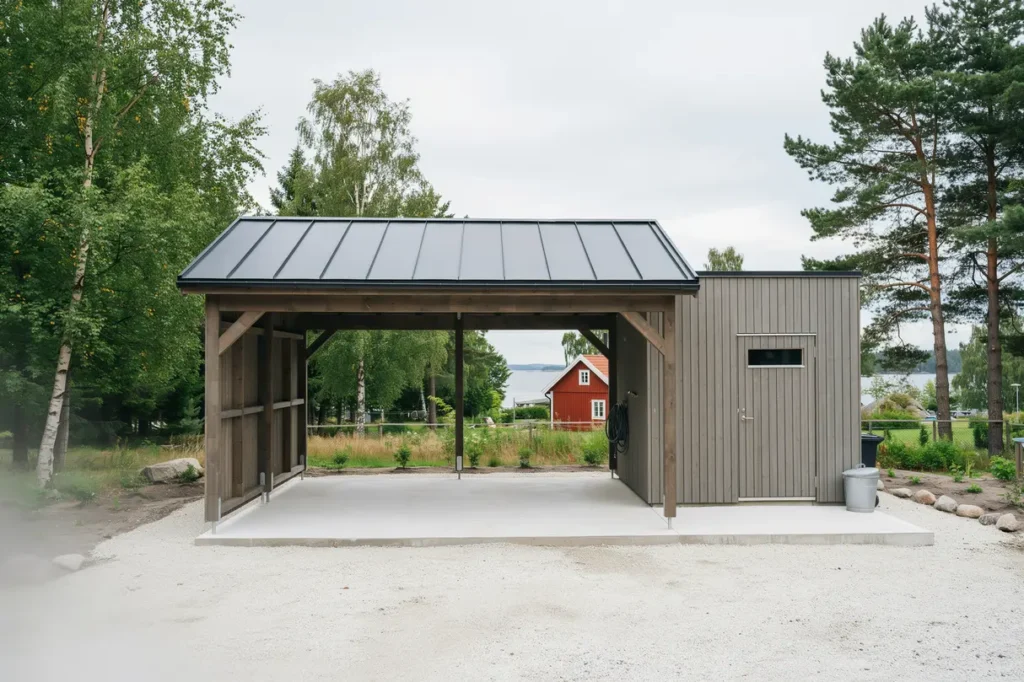 nybyggnation av carport med f rr d i vind djur